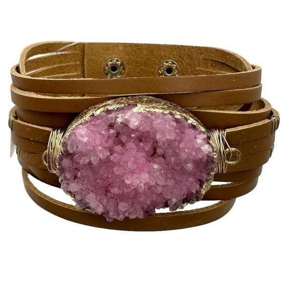 Raw Pink Druzy Crystal Genuine Stone Brown Leather Strap Bracelet - Picture 1 of 4